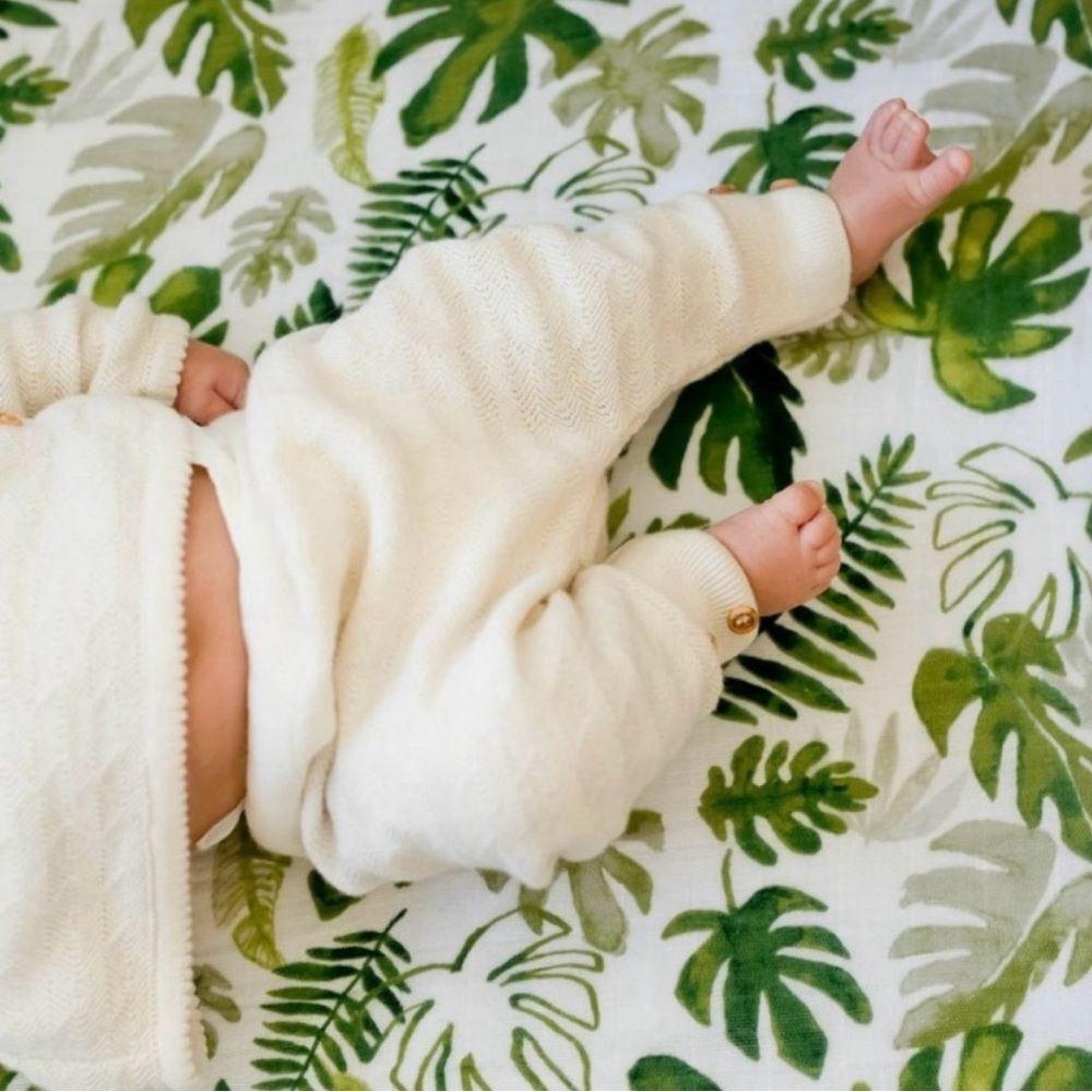 Little Unicorn muslin 100% cotton crib sheet palm plant leaf print